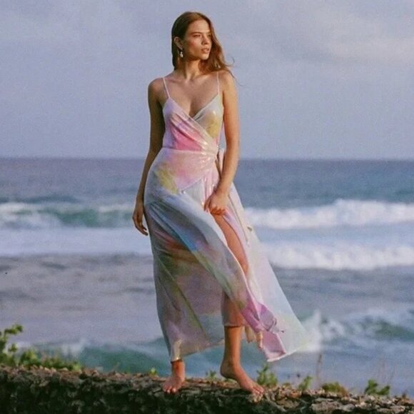 NEW HUTCH Alden Rainbow Sequin Anthropologie TRUE WRAP Maxi Dress 13M7 - Picture 3 of 12